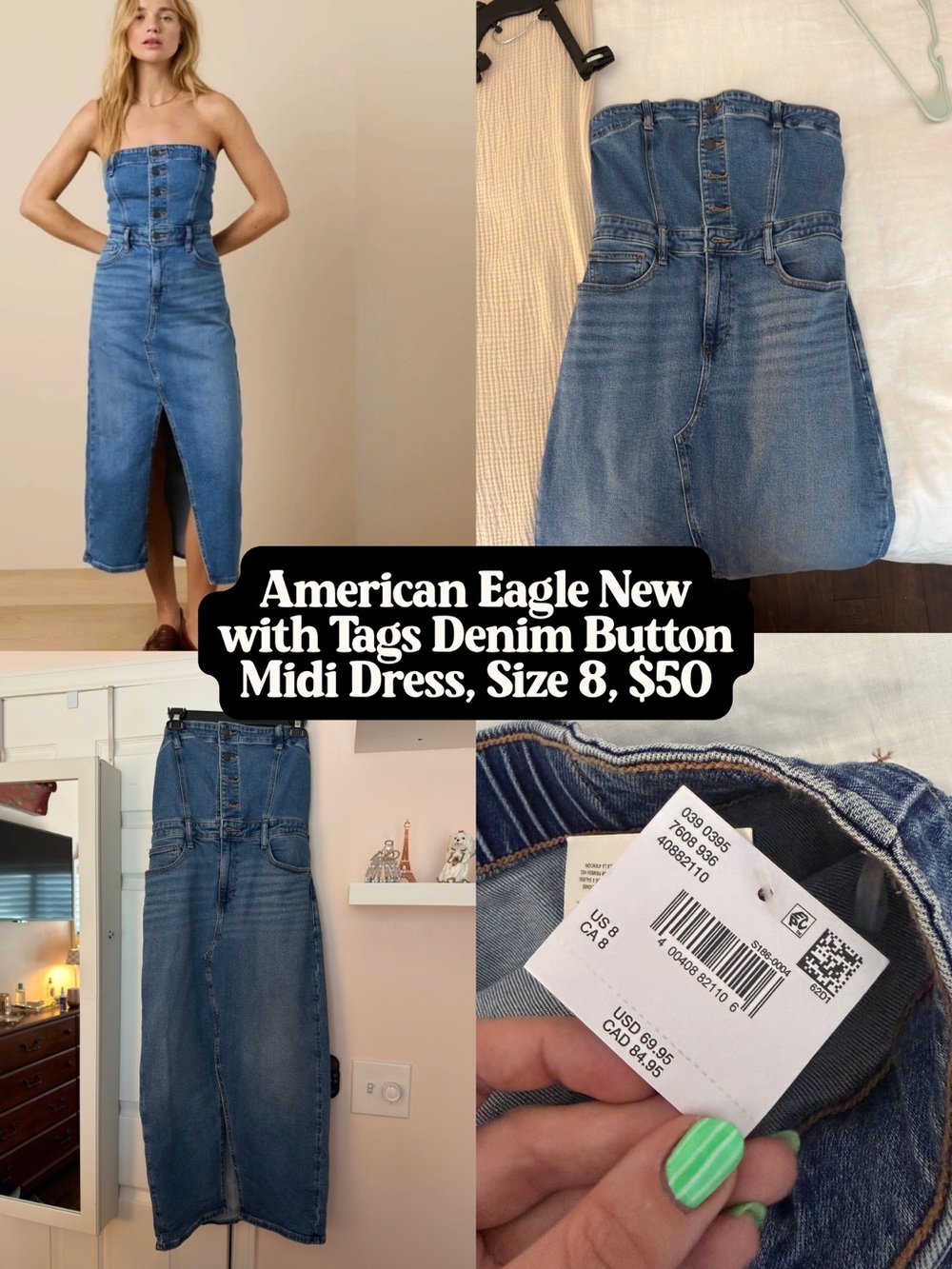 American Eagle Outfitters Denim Blue Strapless Button Midi Dress